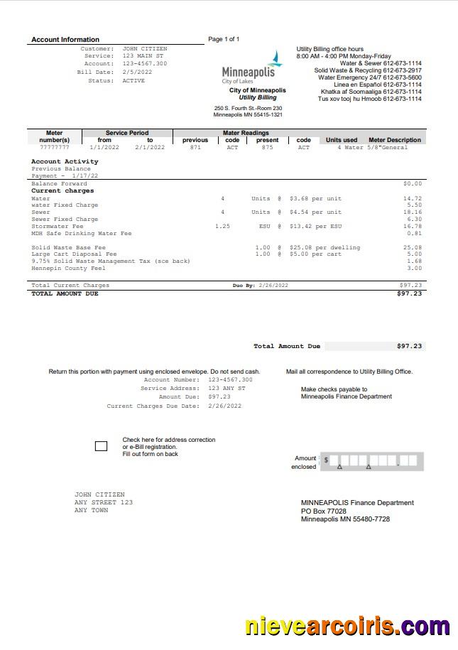 USA Minnesota Minneapolis City of Lakes utility bill